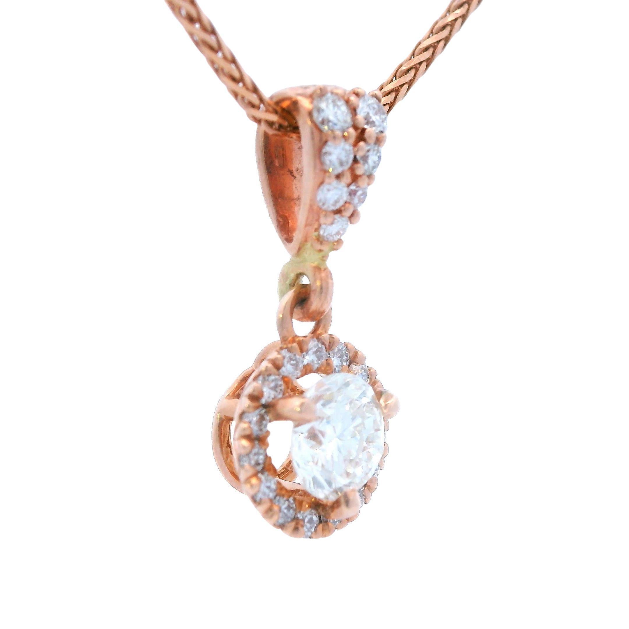 Ciondolo a goccia con diamante in oro rosa 14k con catena di grano da 18