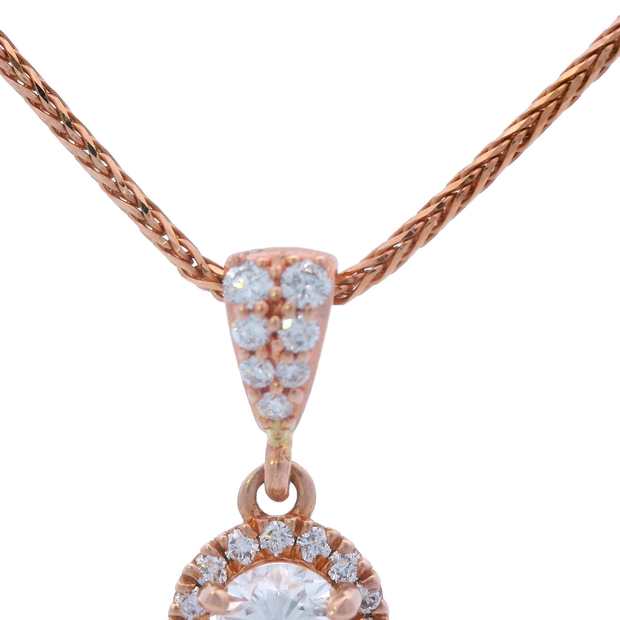 Ciondolo a goccia con diamante in oro rosa 14k con catena di grano da 18