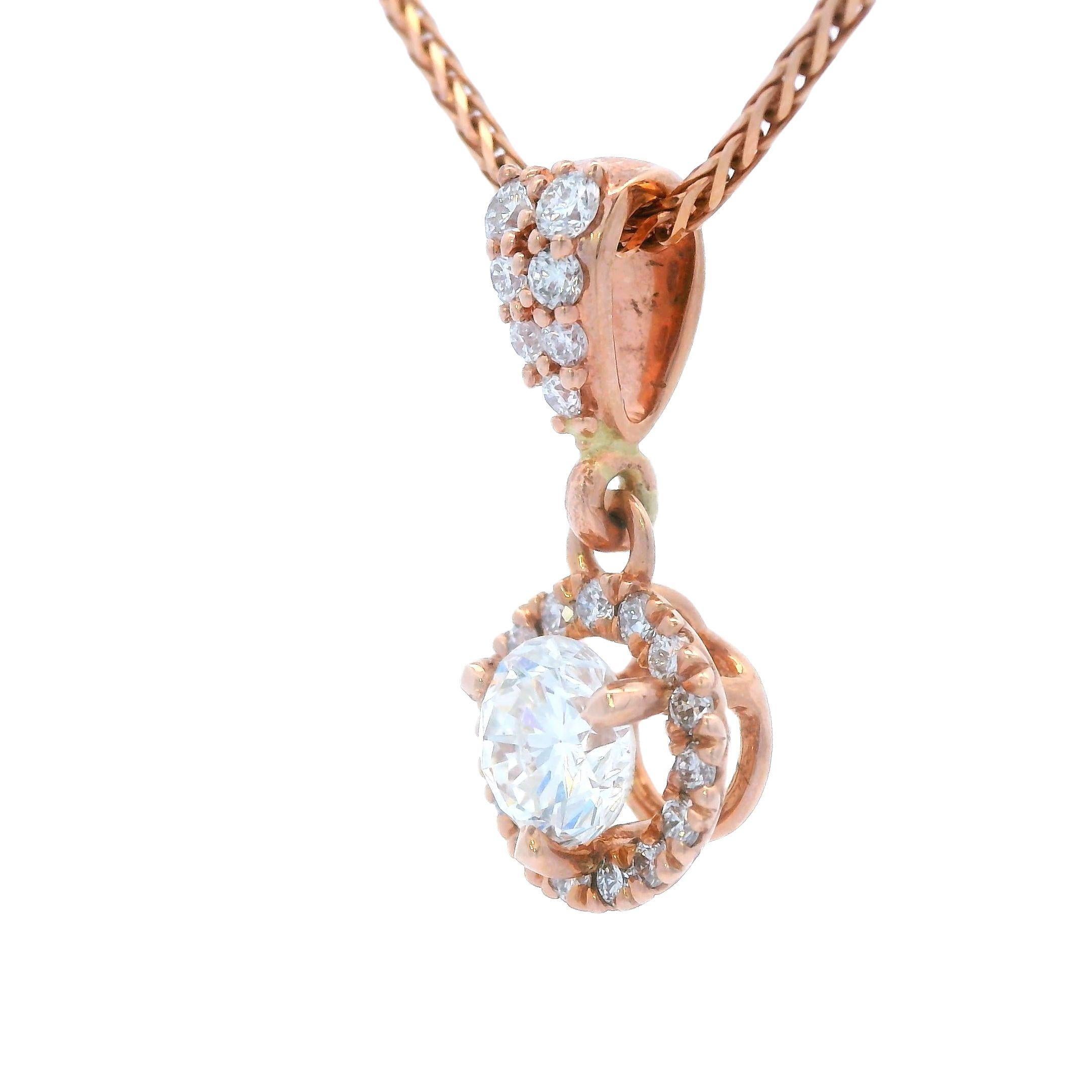 Ciondolo a goccia con diamante in oro rosa 14k con catena di grano da 18