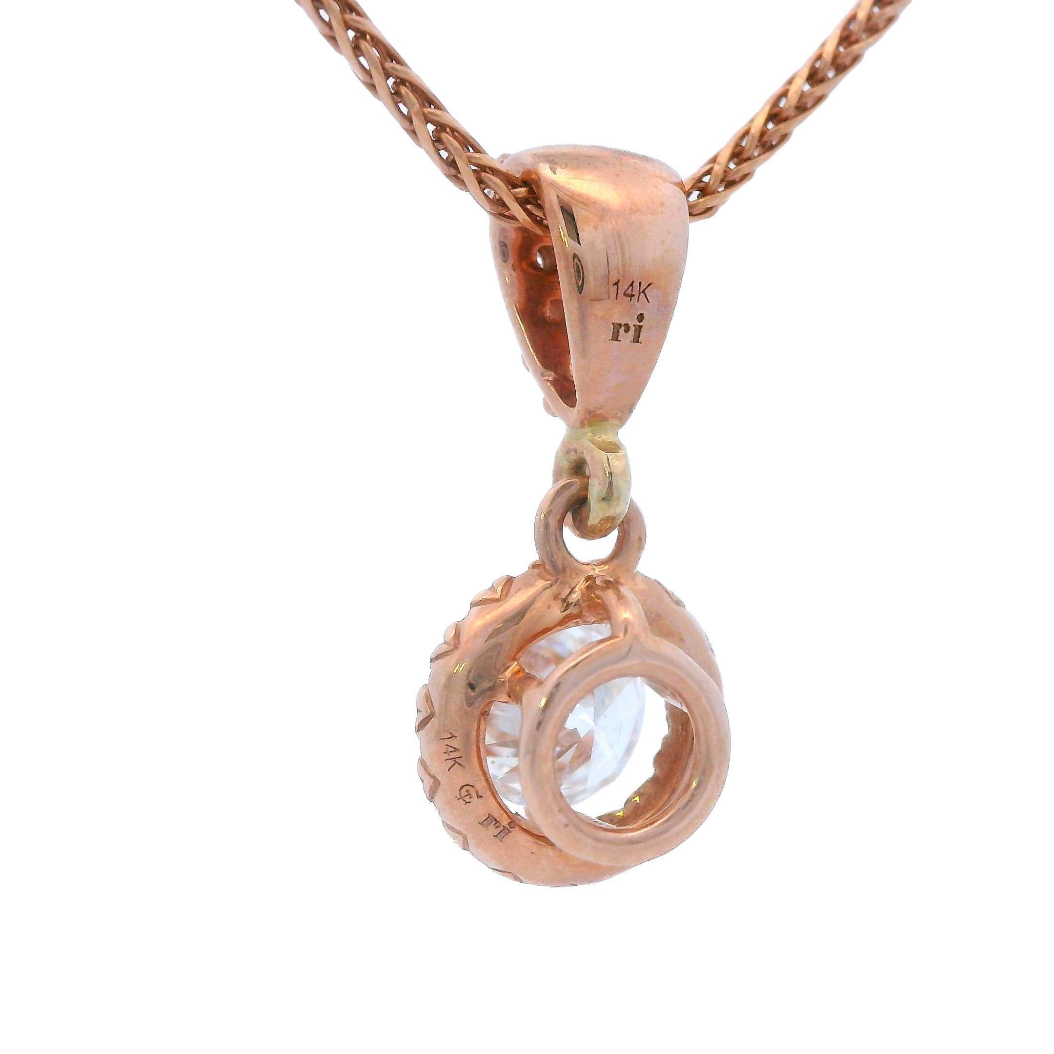 Ciondolo a goccia con diamante in oro rosa 14k con catena di grano da 18