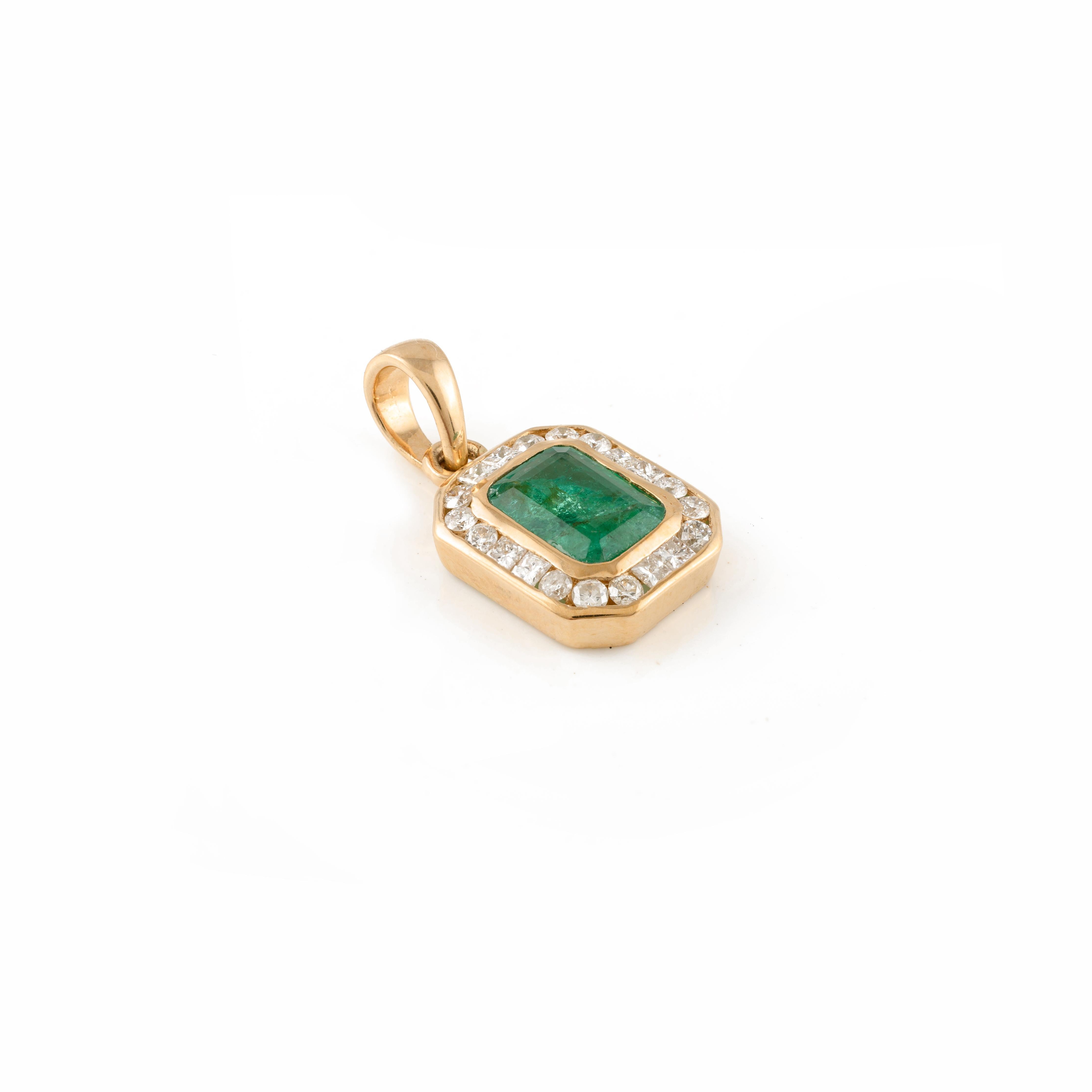 Contemporary Emerald Halo Diamond Pendant in 14K Gold studded with octagon cut emerald. This stunning piece of jewelry instantly elevates a casual look or dressy outfit. 
Emerald enhances intellectual capacity of the person. 
Designed with octagon