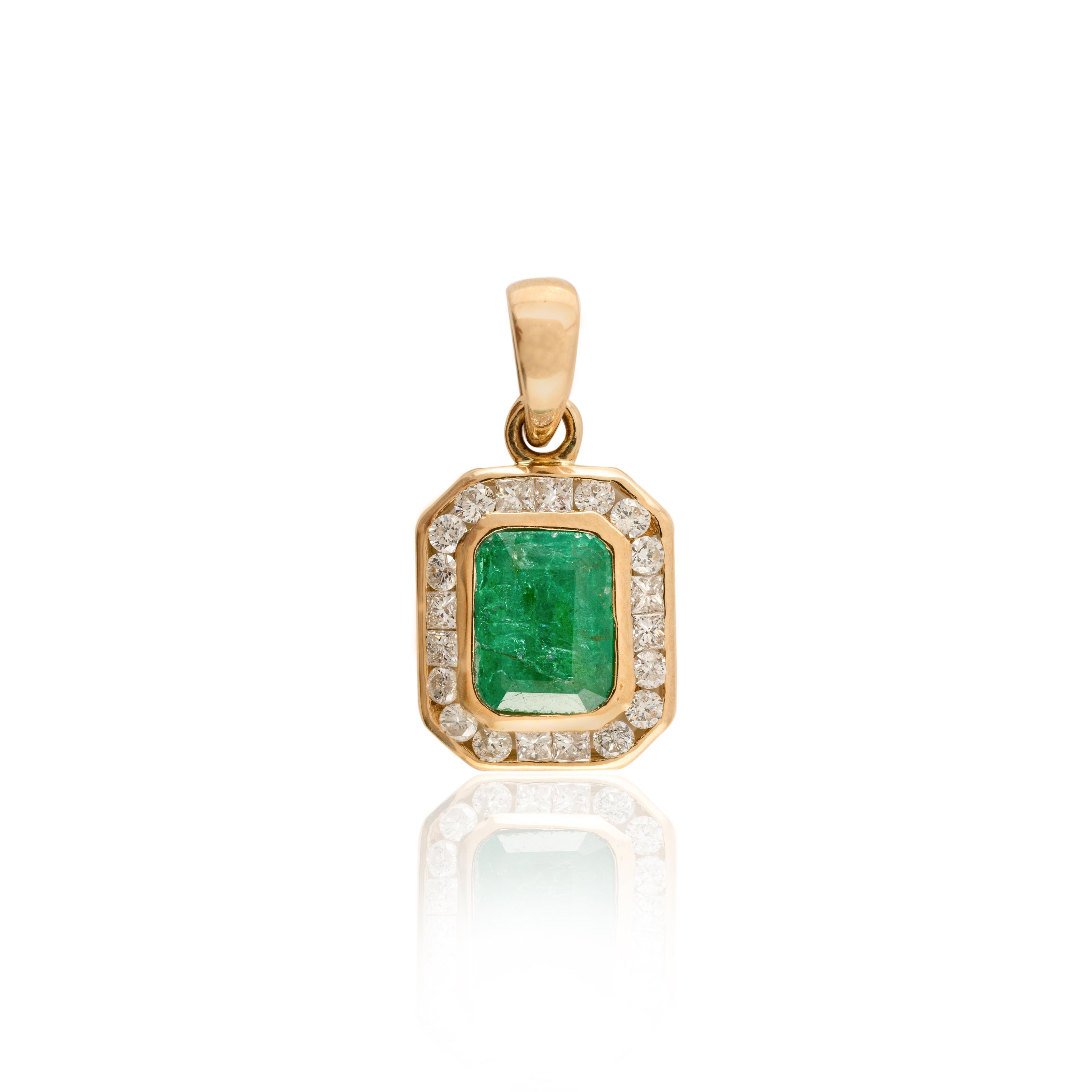 Women's Contemporary Emerald Halo Diamond Pendant 14k Yellow Gold, Christmas Gifts For Sale