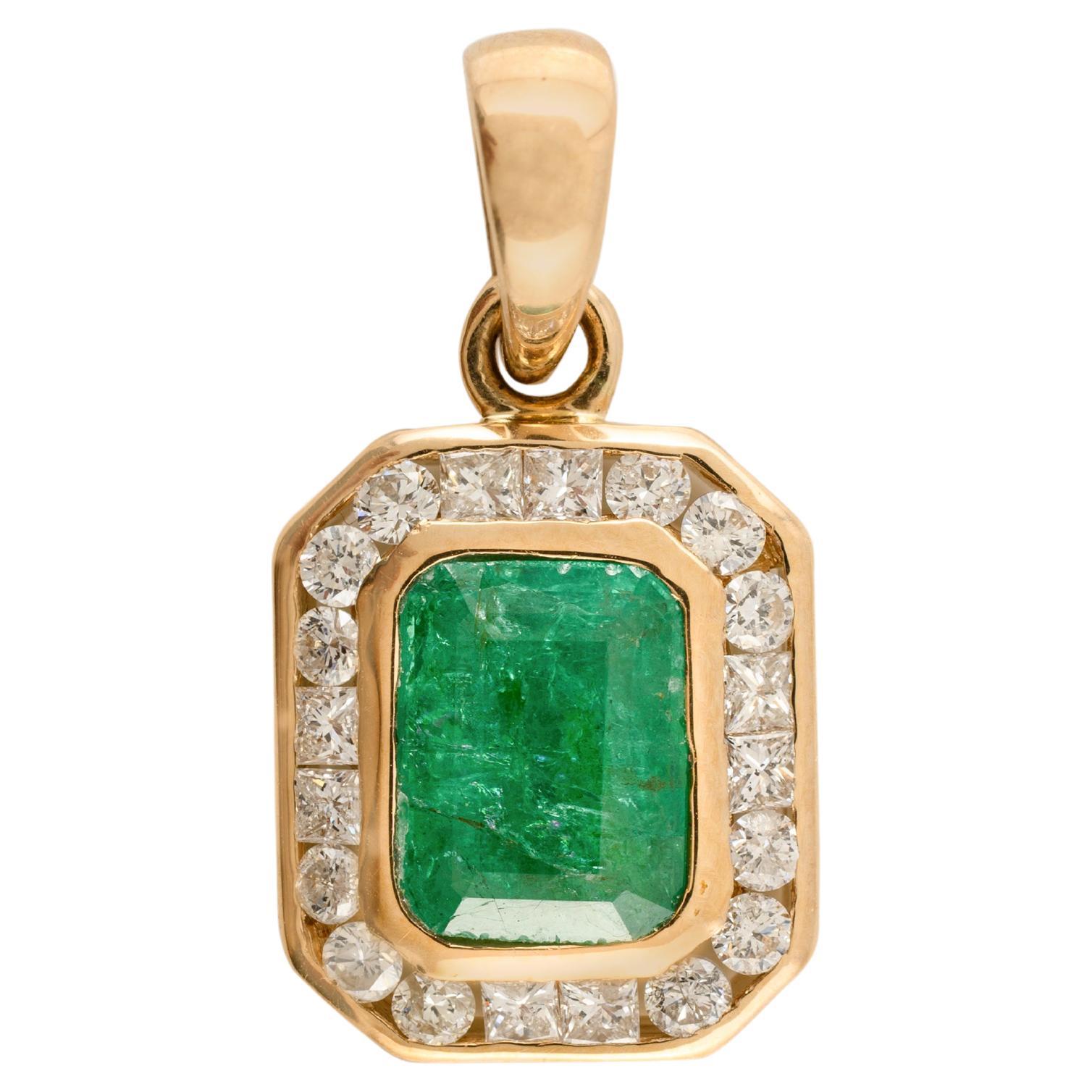 Contemporary Emerald Halo Diamond Pendant 14k Yellow Gold, Christmas Gifts For Sale
