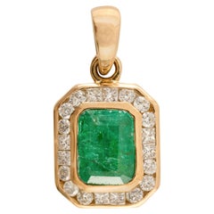 Contemporary Emerald Halo Diamond Pendant 14k Yellow Gold, Christmas Gifts