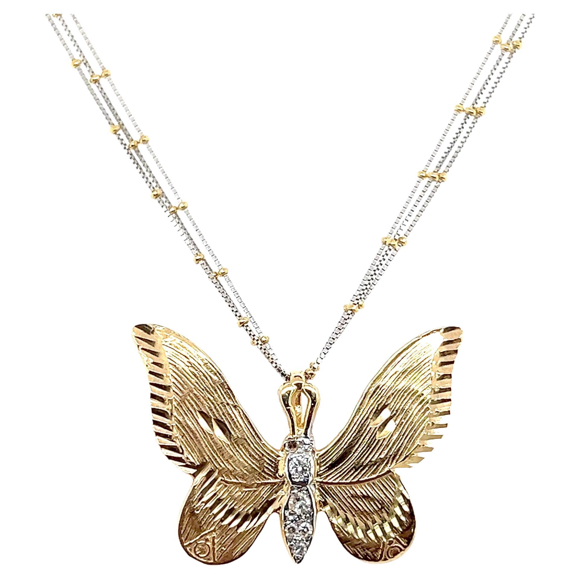 Contemporary 14k Two Tone Gold Diamond Butterfly Pendant