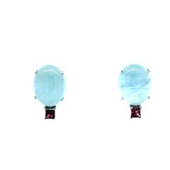 Contemporary 14K White Gold Aquamarine Cabochon & Pink Tourmaline Earrings