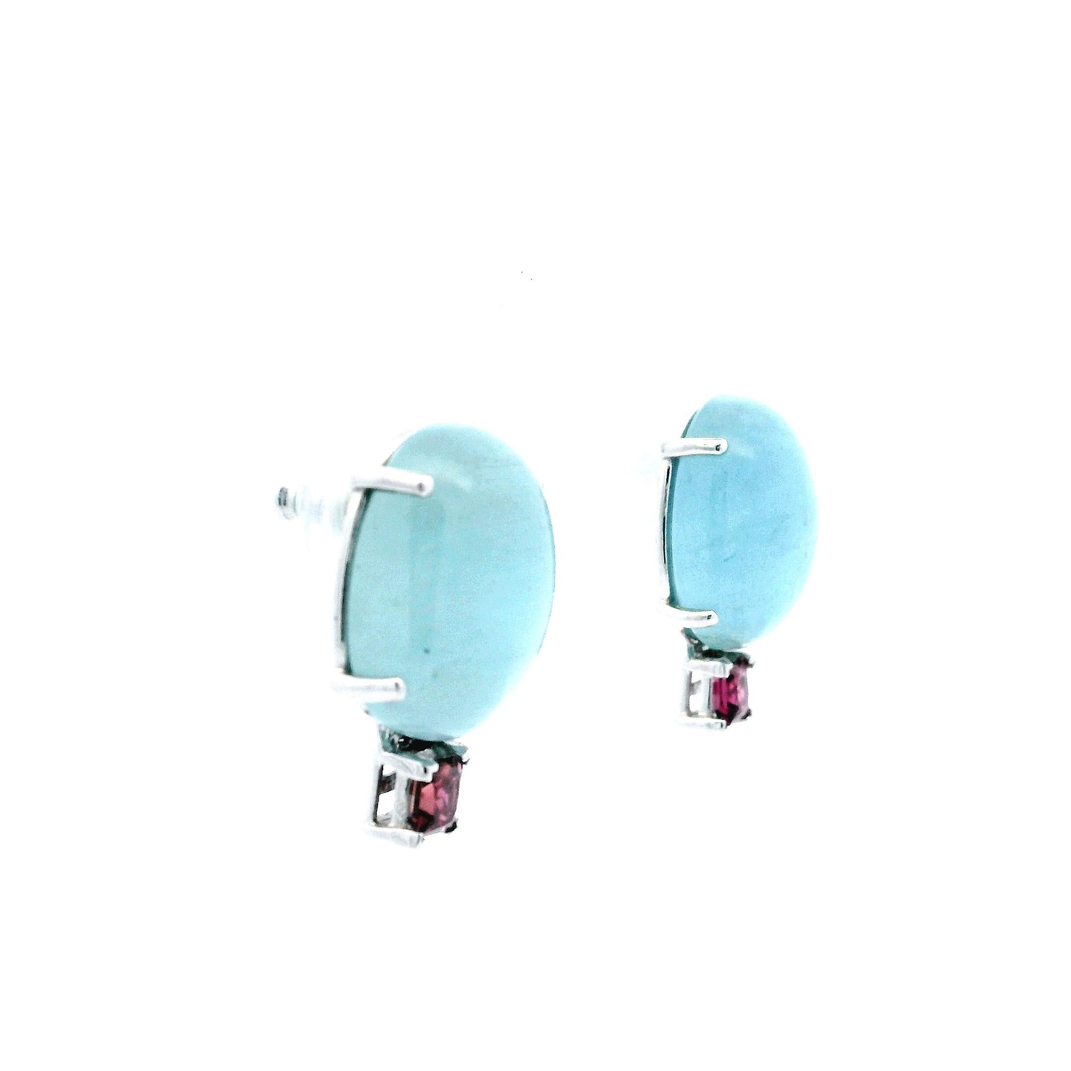 Cabochon Orecchini contemporanei in oro bianco 14K con acquamarina e tormalina rosa in vendita