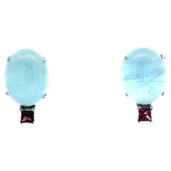 Contemporary 14K White Gold Aquamarine Cabochon 
Pink Tourmaline Earrings