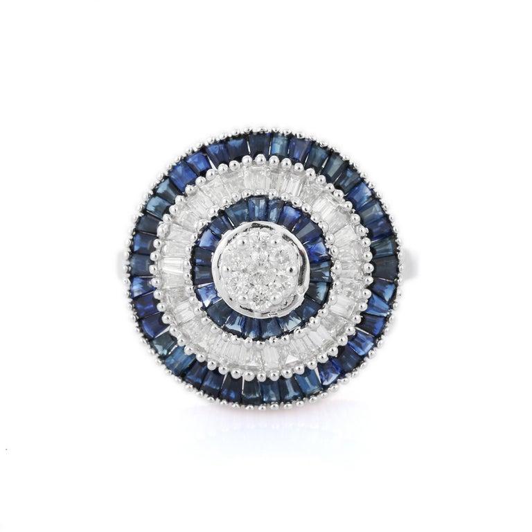 For Sale:  Contemporary 14k White Gold Blue Sapphire and Diamond Round Women Cocktail Ring 6