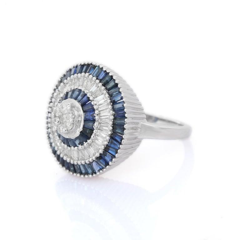 For Sale:  Contemporary 14k White Gold Blue Sapphire and Diamond Round Women Cocktail Ring 9