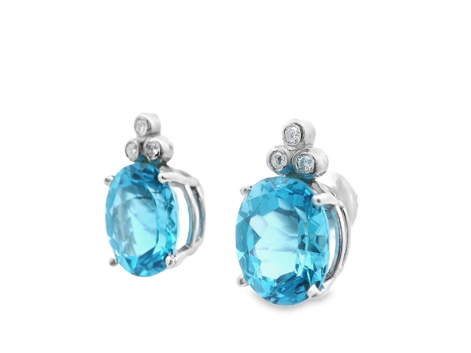 Oval Cut Contemporary 14K White Gold Blue Topaz & Diamond Earrings For Sale