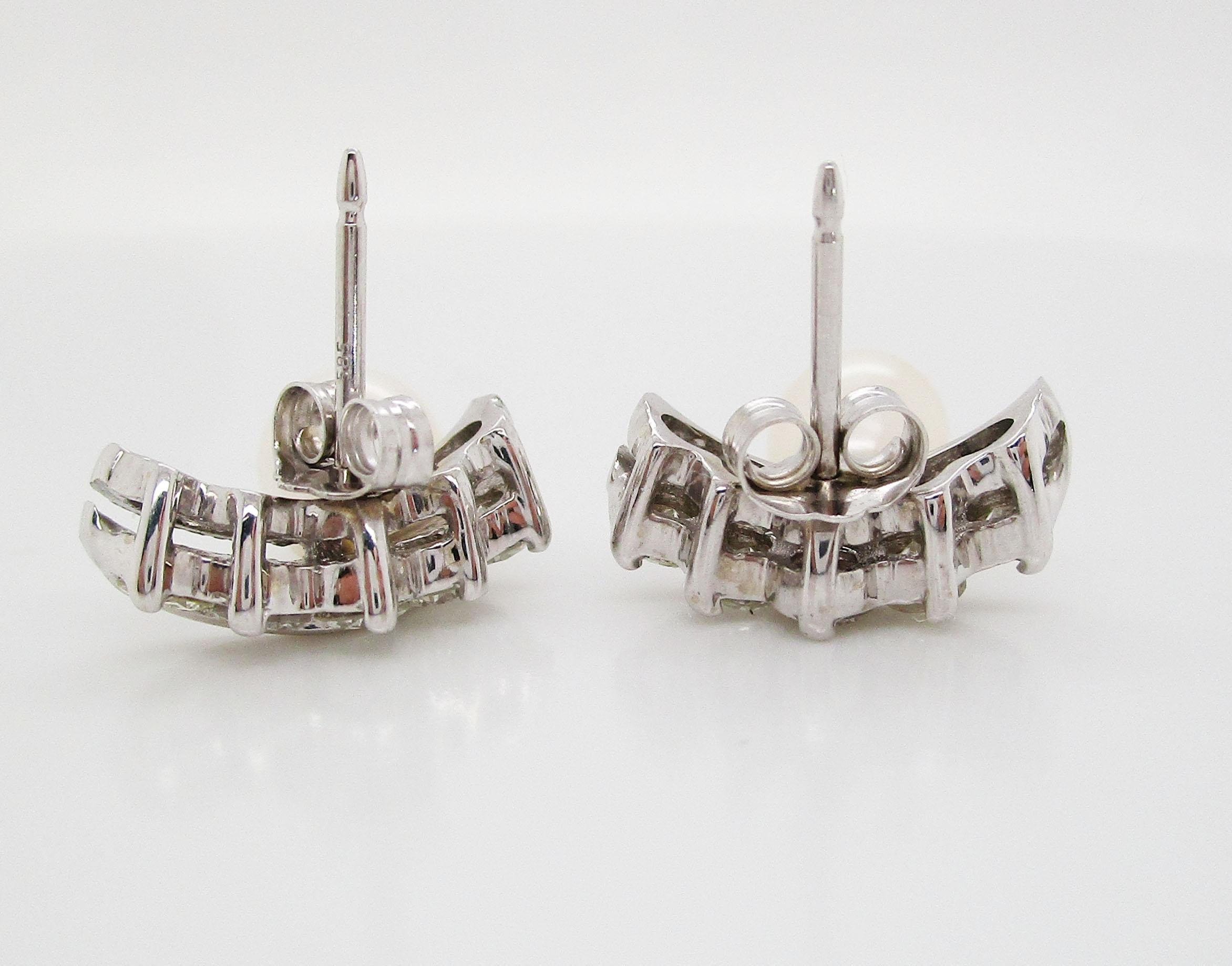Contemporary 14K White Gold Diamond and Akoya Pearl Crown Drop Earrings In Excellent Condition For Sale In Lexington, KY