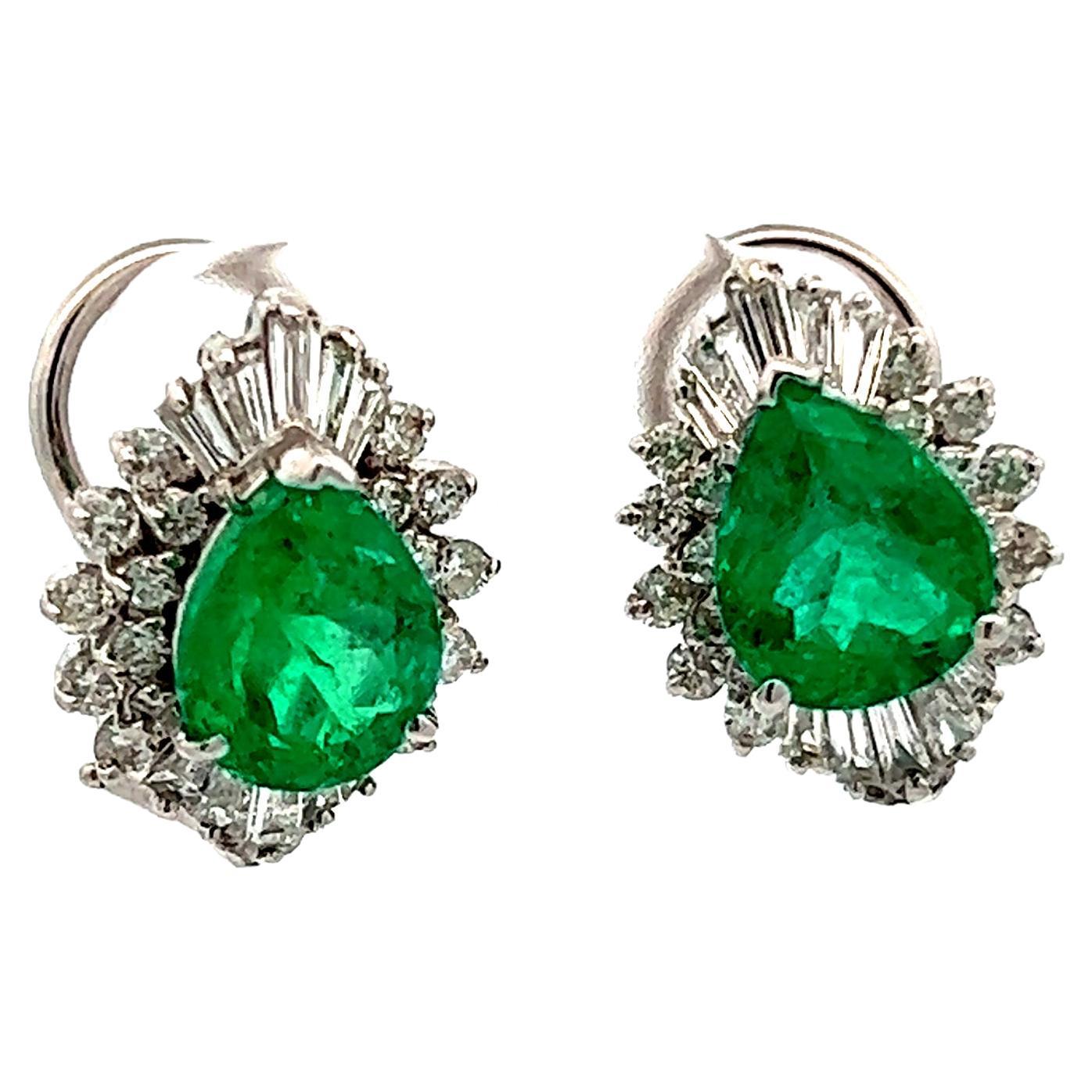 Contemporary 14k White Gold Emerald and Diamond Earrings 