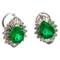 Retro Contemporary 14k White Gold Emerald and Diamond Earrings 