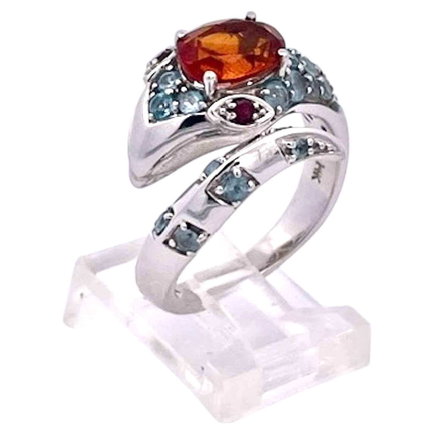Moderner Cocktailring aus 14-karätigem Weißgold mit Granat, USA, 1970er Jahre im Angebot