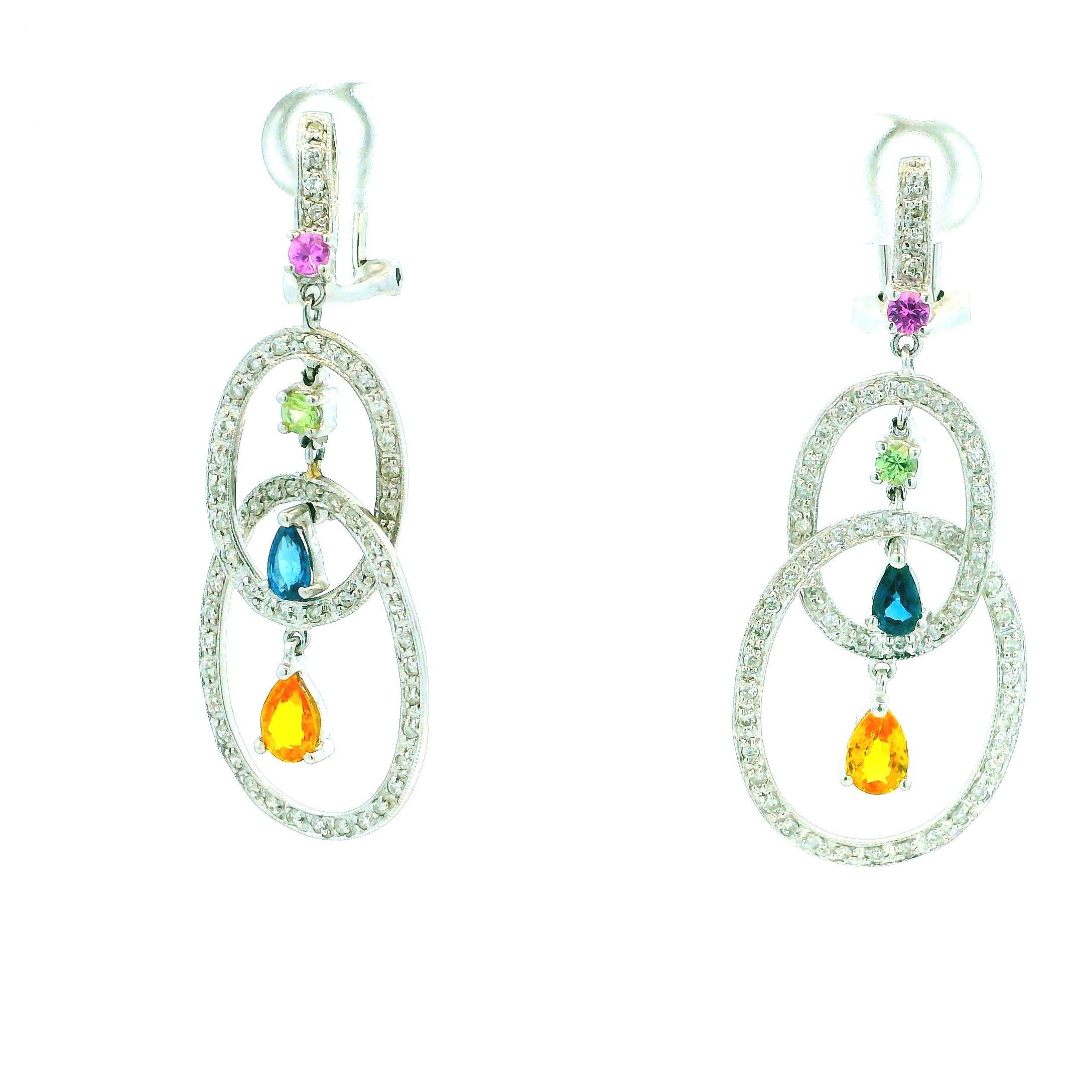 De las mujeres Pendientes Contemporáneos de Oro Blanco de 14K con Diamantes Multipiedra, Italianos 