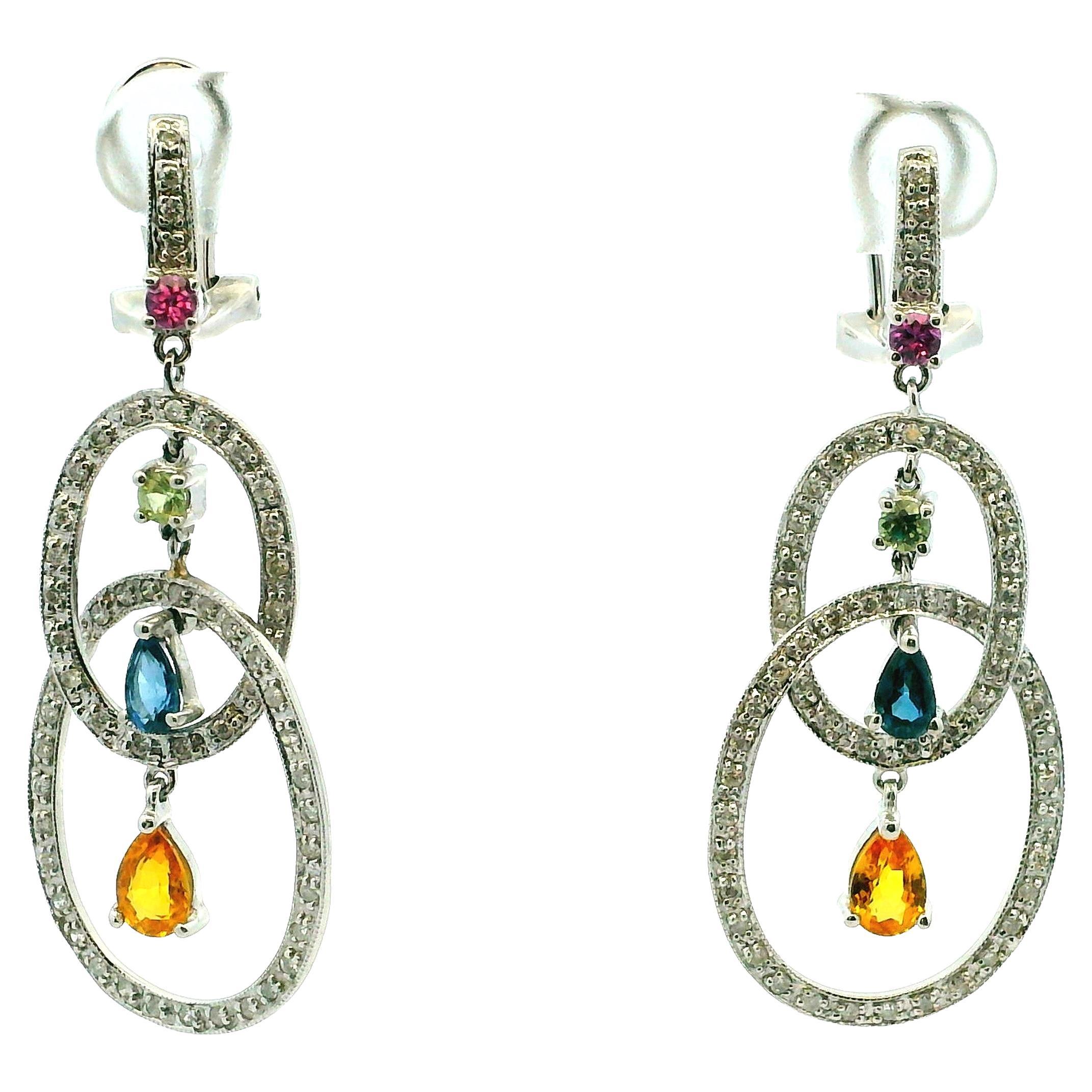 Contemporary 14K White Gold Multi-Gemstone Diamond Drop Earrings, Italian “DD”