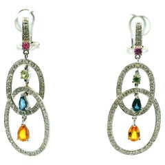 Contemporary 14K White Gold Multi-Gemstone Diamond Drop Earrings, Italian “DD”