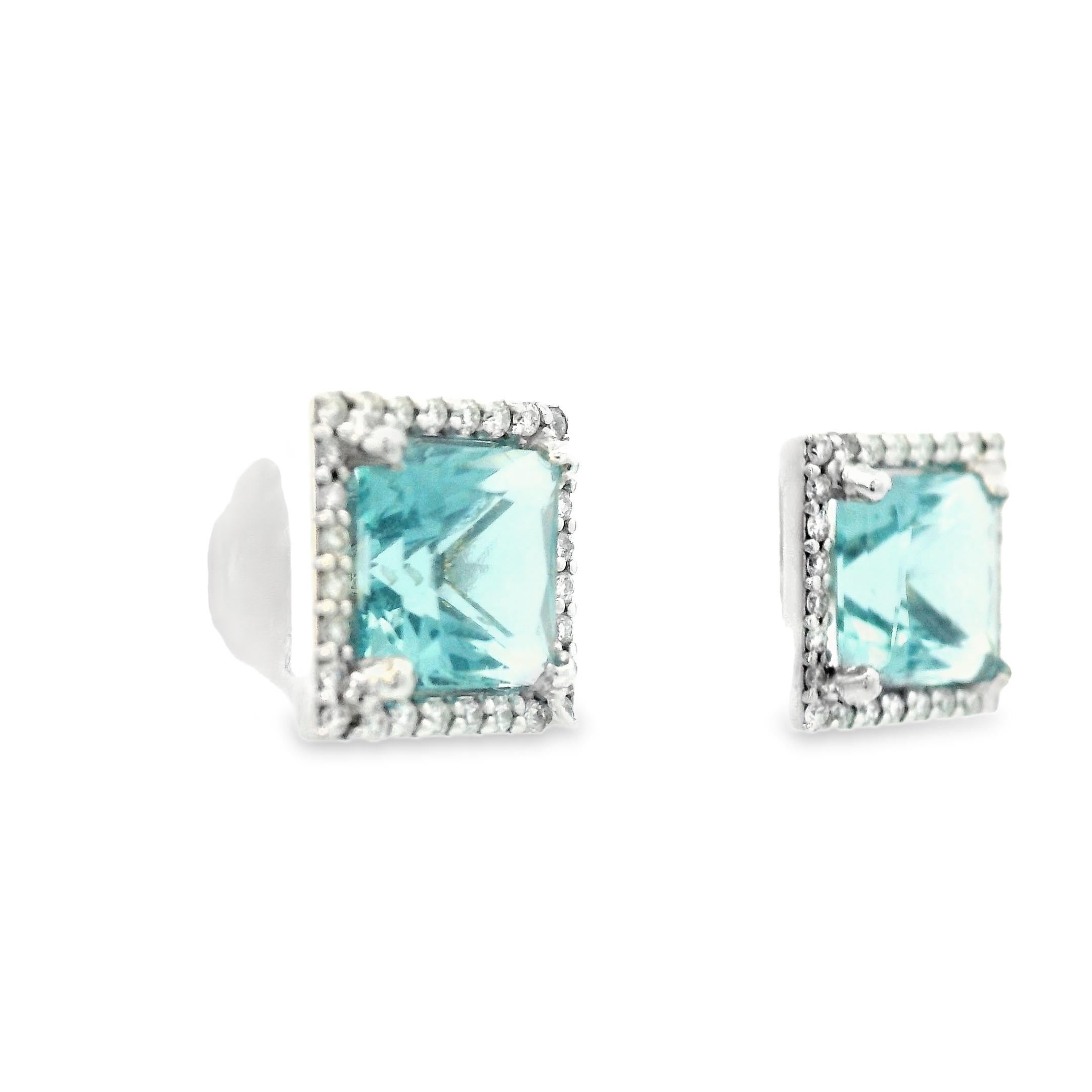 Square Cut Contemporary 14k White Gold Natural Aquamarine & Diamond Stud Earrings For Sale