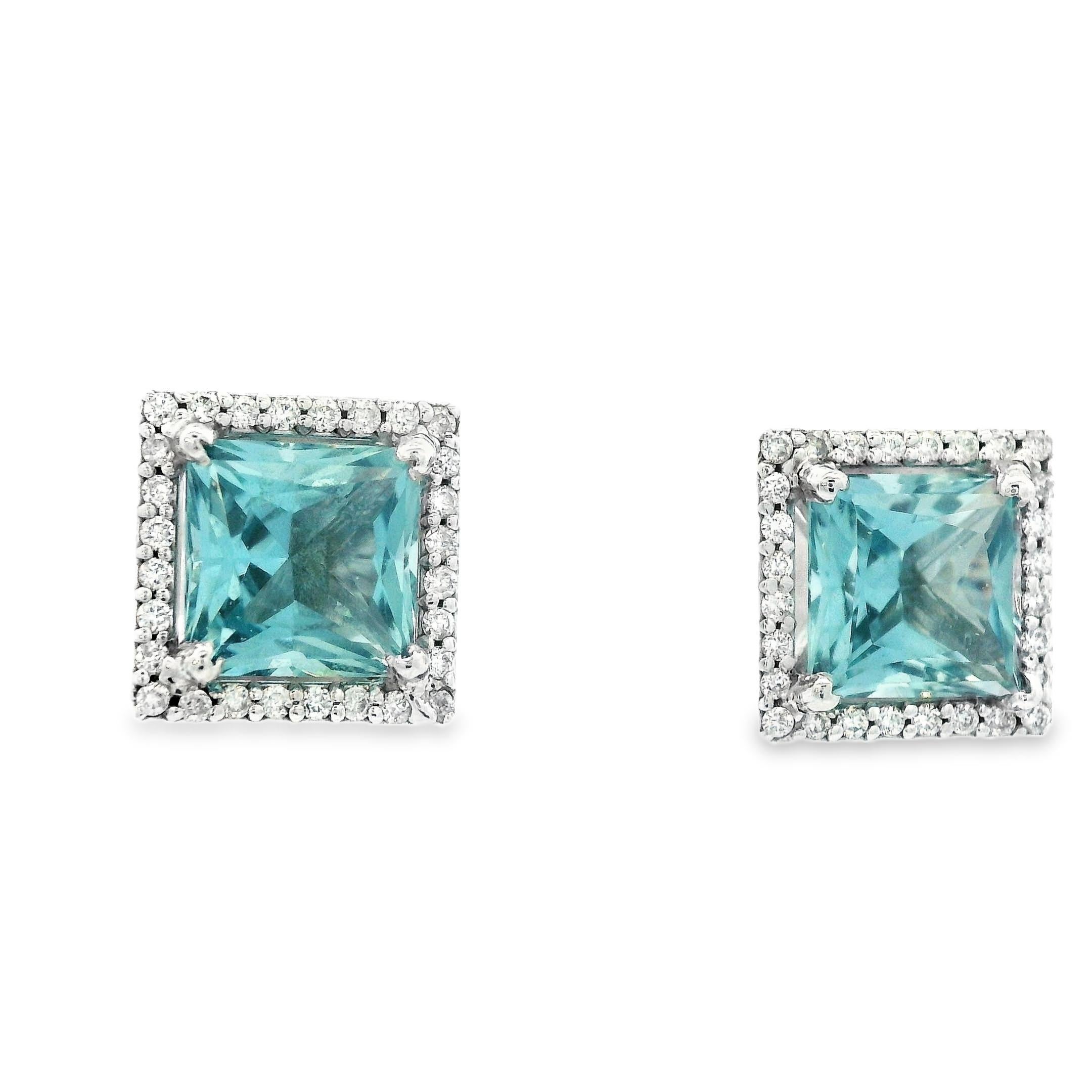Women's Contemporary 14k White Gold Natural Aquamarine & Diamond Stud Earrings For Sale
