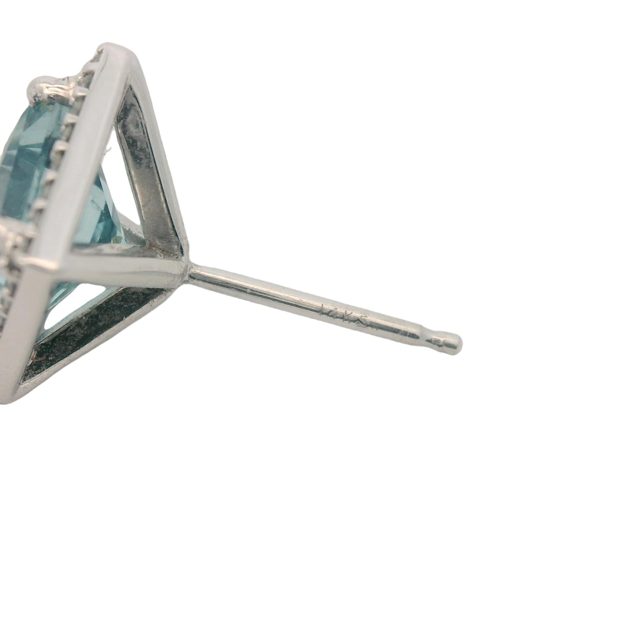 Contemporary 14k White Gold Natural Aquamarine & Diamond Stud Earrings For Sale 3