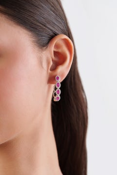 Contemporary 14K White Gold Natural Ruby & Diamond Halo Hoop Earrings, 2.02ct