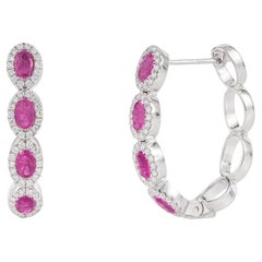 Contemporary 14K White Gold Natural Ruby & Diamond Halo Hoop Earrings, 2.02ct
