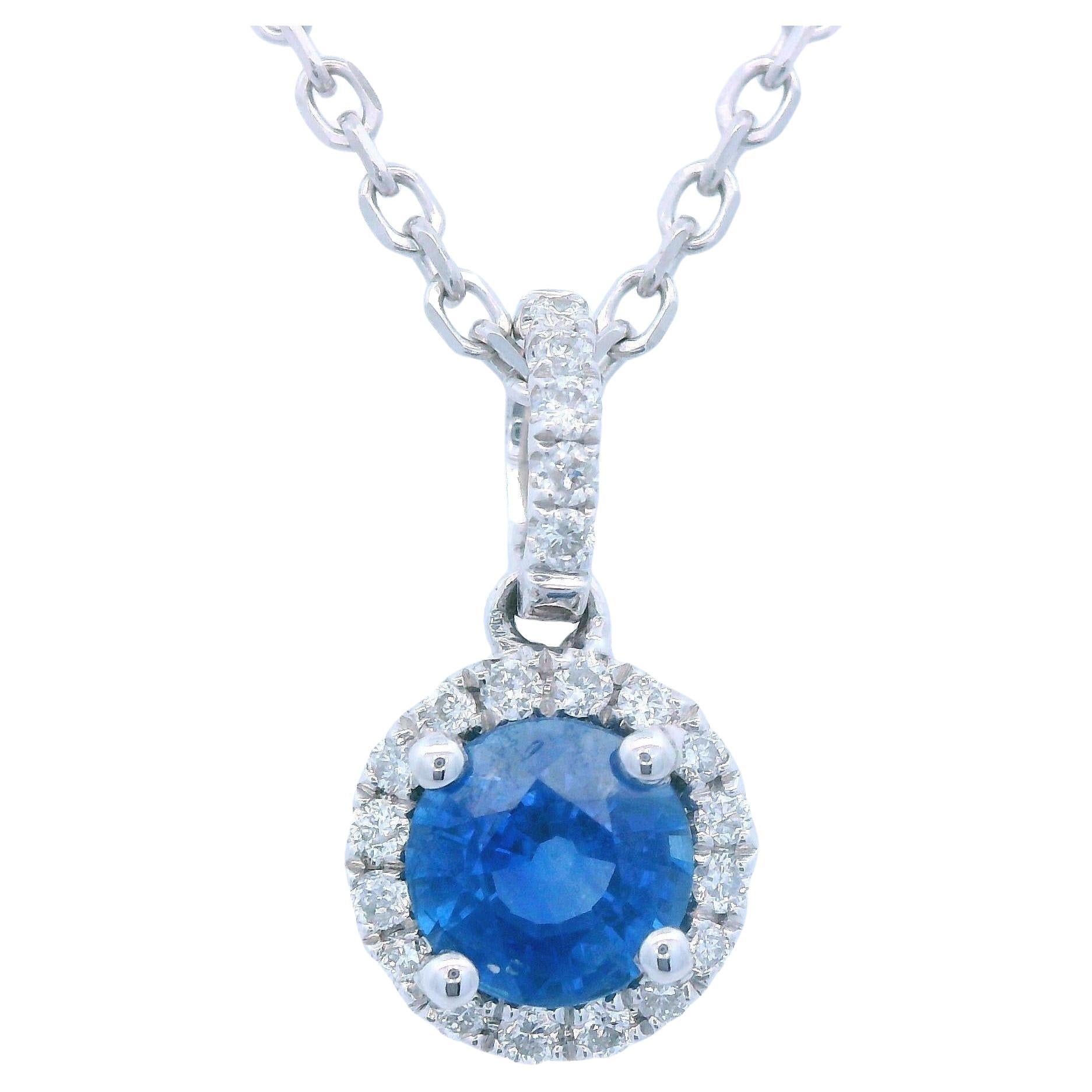 Contemporary 14k White Gold Sapphire and Diamond Pendant Necklace