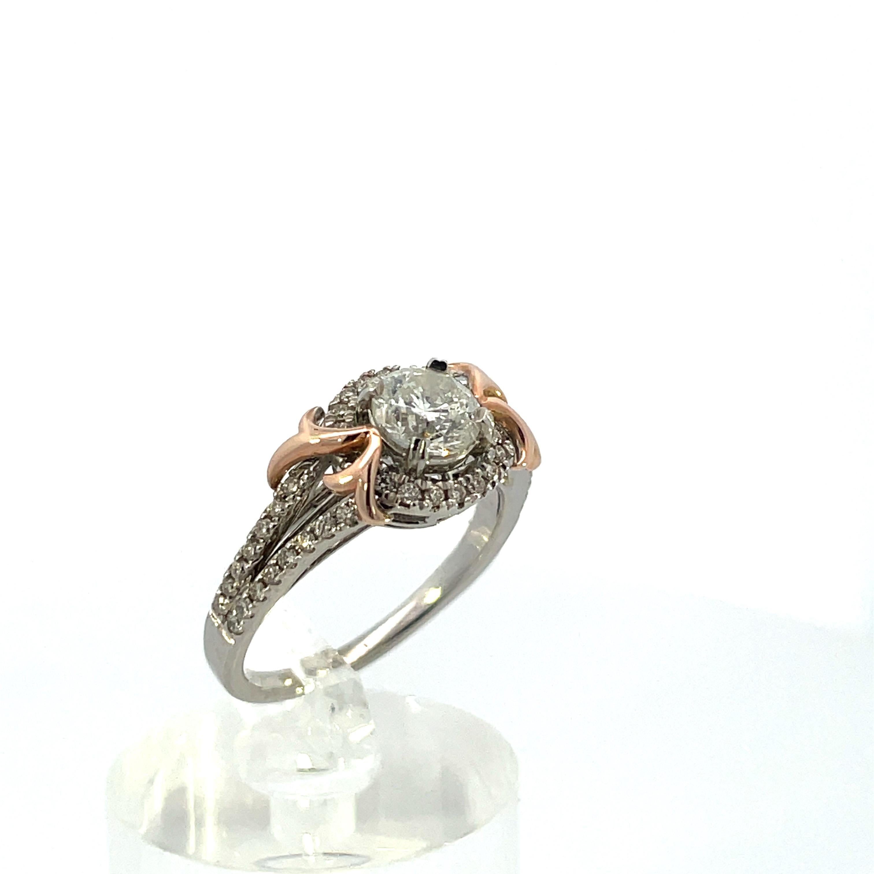 Contemporary 14K White/Rose Gold Diamond Halo Split Shank Ring  For Sale 2