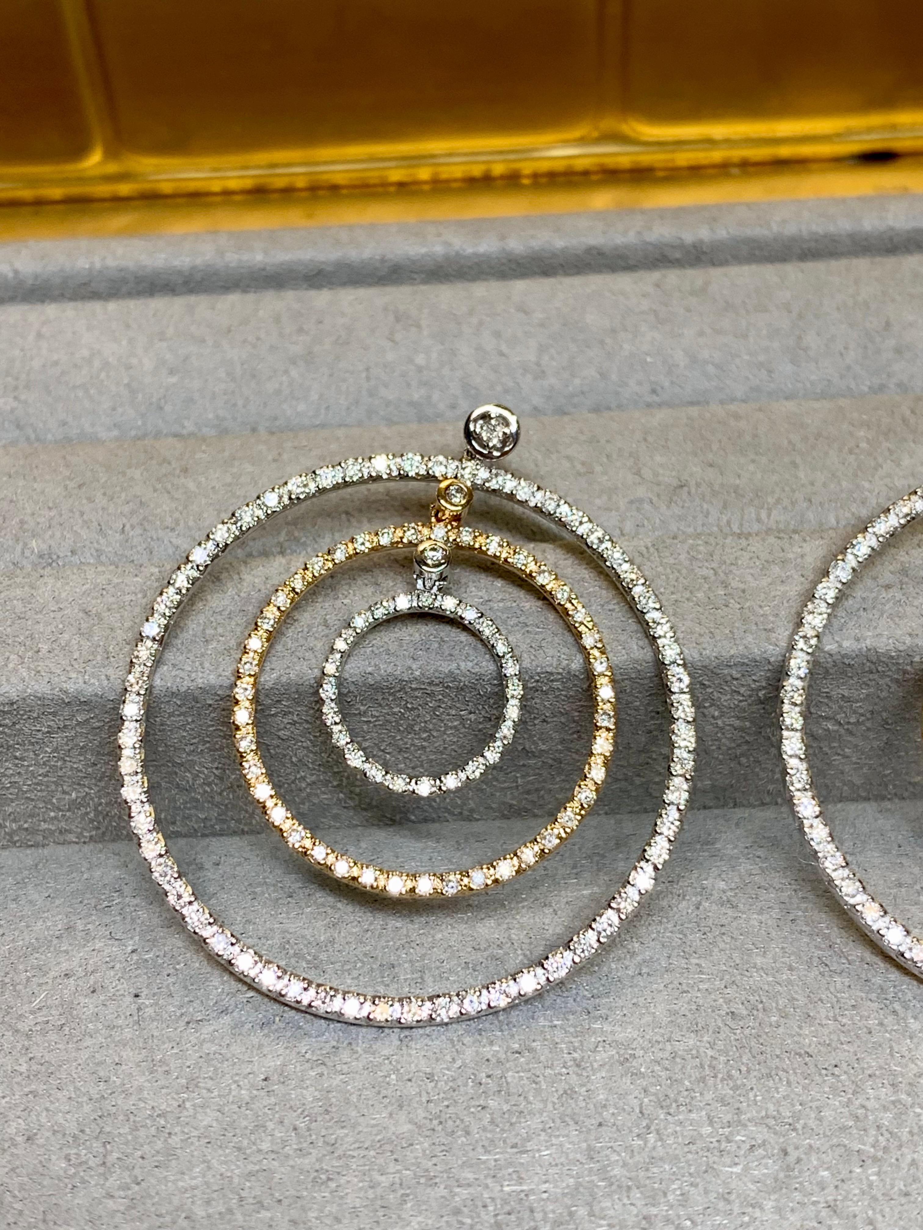 Round Cut Contemporary 14K White Yellow Gold Double Circle Diamond Drop Earrings 2.70ctw For Sale