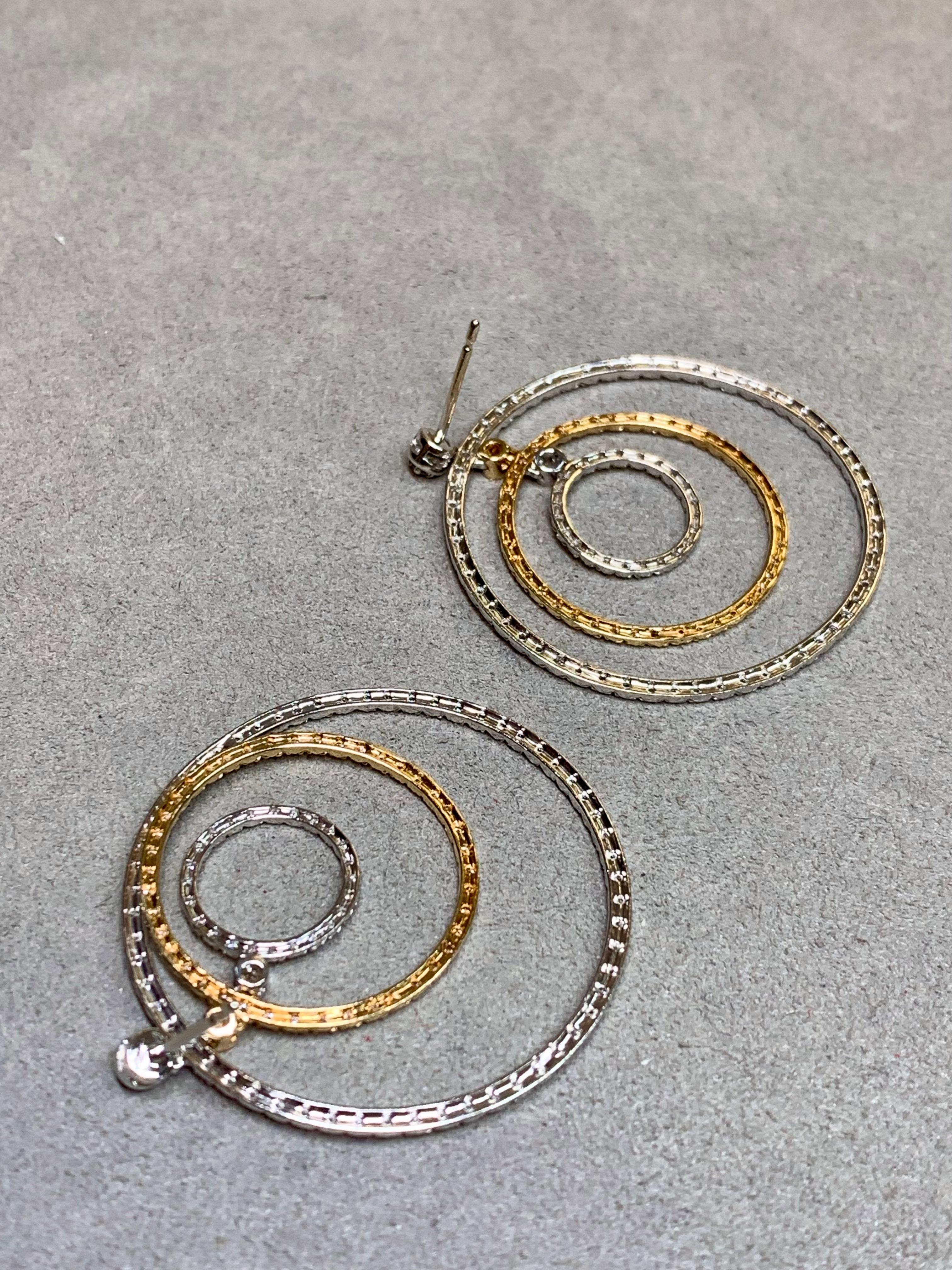 Women's or Men's Contemporary 14K White Yellow Gold Double Circle Diamond Drop Earrings 2.70ctw For Sale