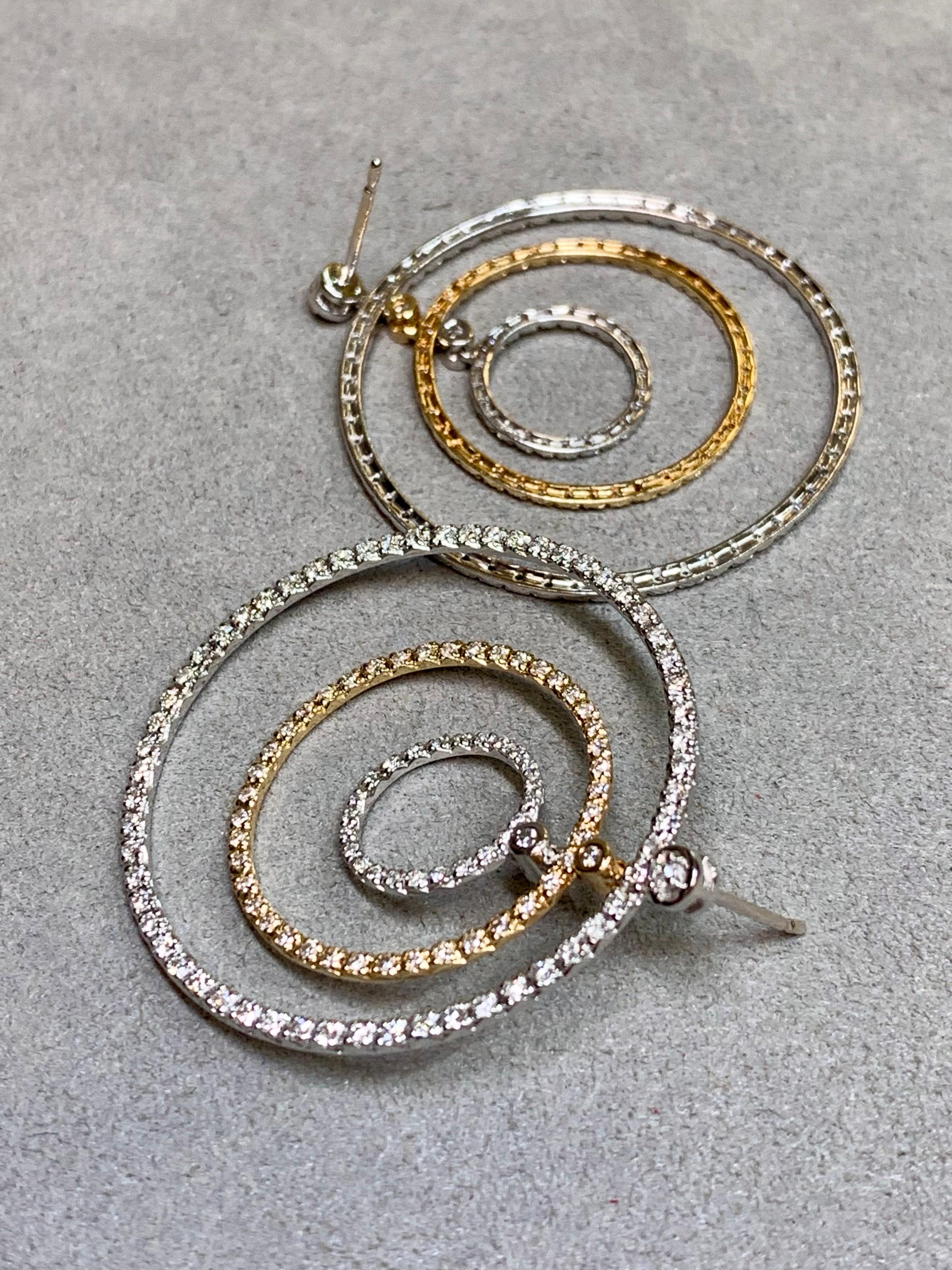 Contemporary 14K White Yellow Gold Double Circle Diamond Drop Earrings 2.70ctw For Sale 1