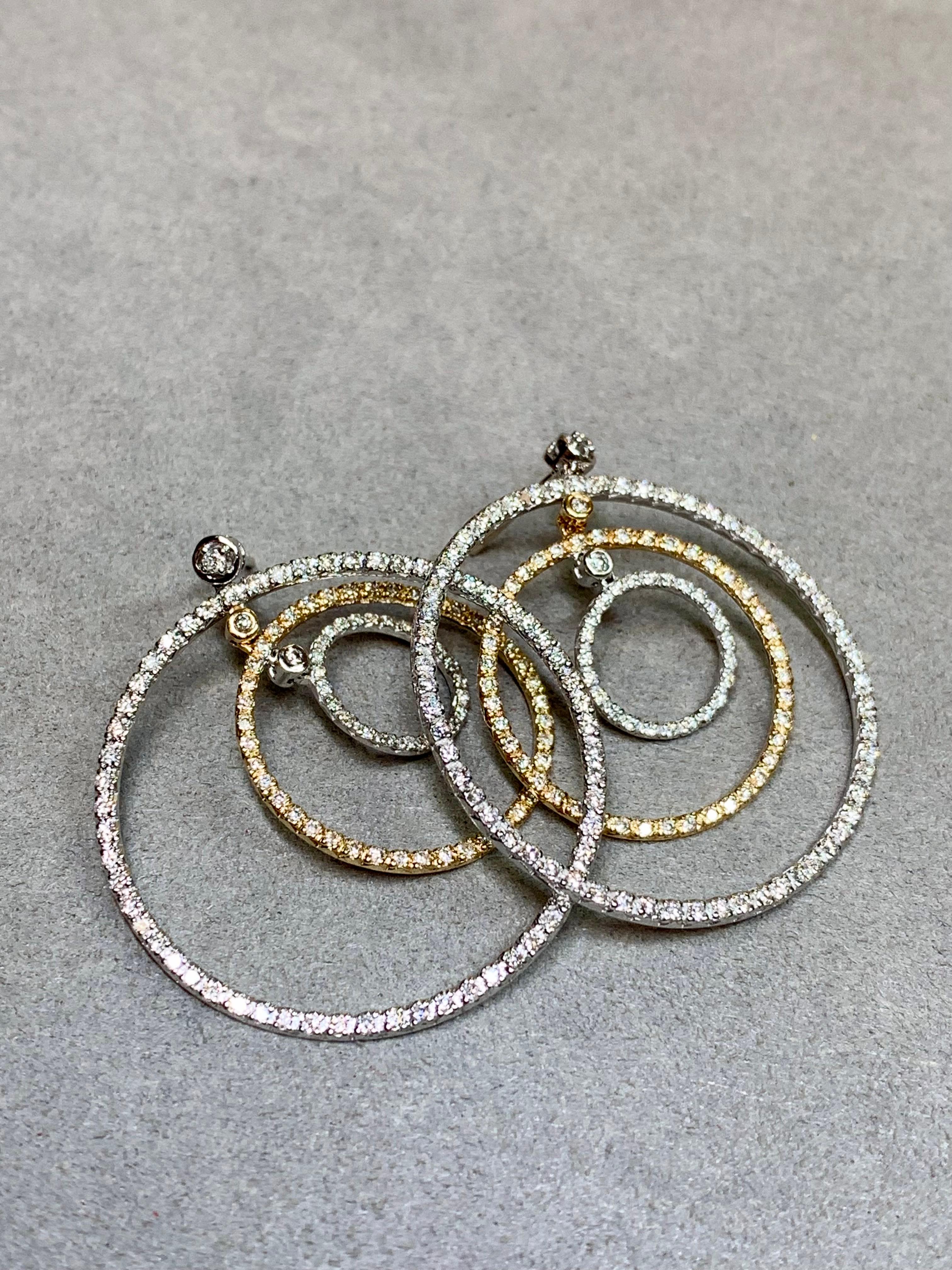 Contemporary 14K White Yellow Gold Double Circle Diamond Drop Earrings 2.70ctw For Sale 2