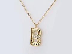 Contemporary 14K Yellow Gold B Pendant Necklace with 3 Diamonds