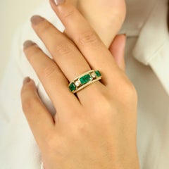 Contemporary 14K Yellow Gold Band Ring with Vibrant Emeralds & Diamonds