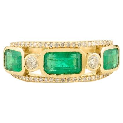 Contemporary 14K Yellow Gold Band Ring with Vibrant Emeralds & Diamonds