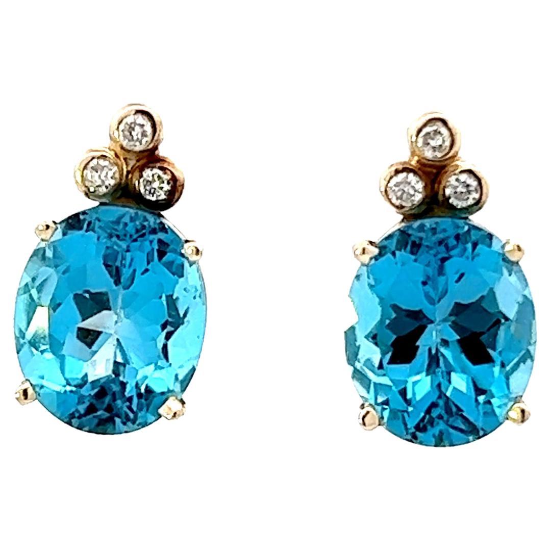 Contemporary 14K Yellow Gold Blue Topaz & Diamond Earrings 