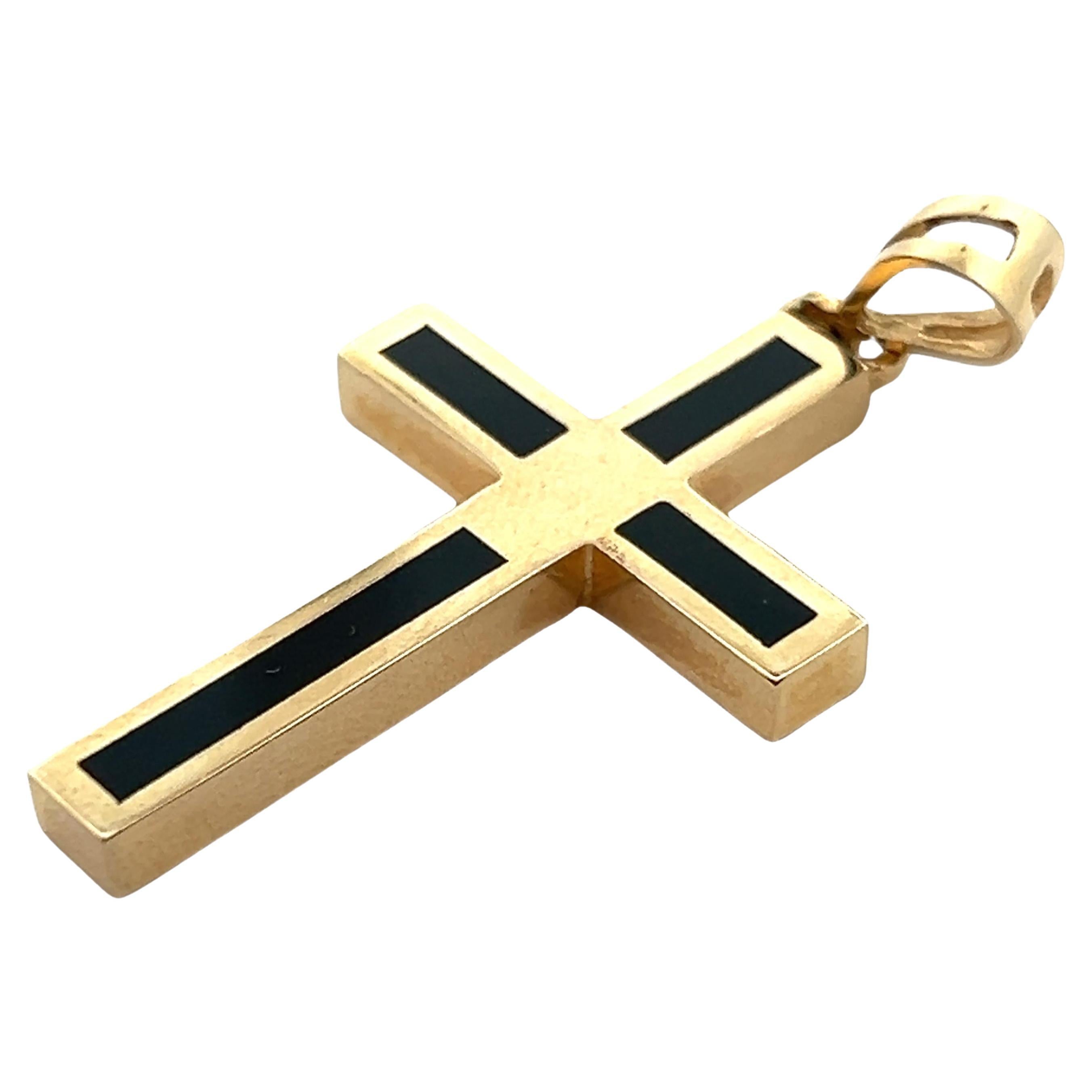 Contemporary 14k Yellow Gold Cross Pendant with Inlaid Black Onyx