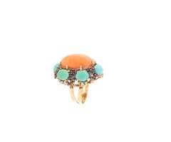 Contemporary 14K Yellow Gold Diamond Turquoise Coral Prong Setting Cocktail Ring