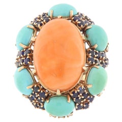 Contemporary 14K Yellow Gold Diamond Turquoise Coral Prong Setting Cocktail Ring