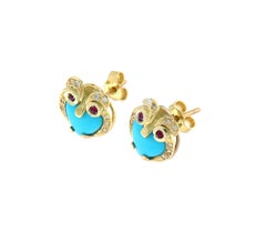 AM Contemporary 14K Yellow Gold Diamond Turquoise Ruby Grain Setting Stud Earring