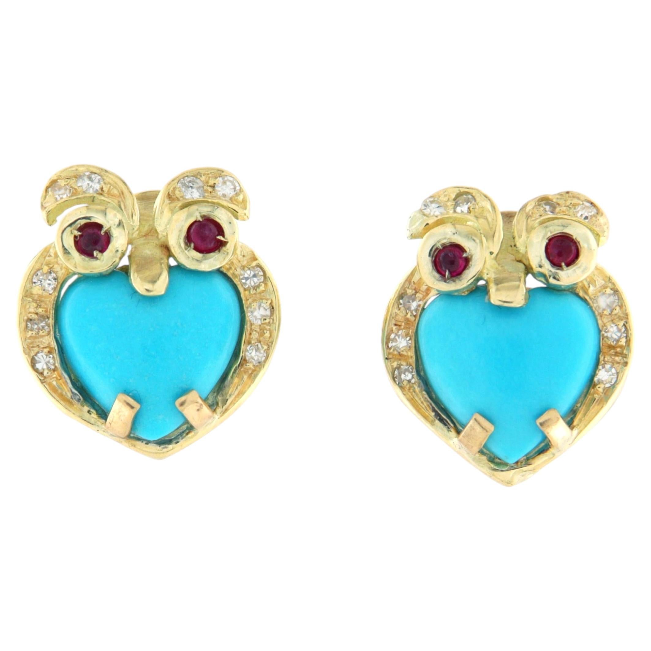 Contemporary 14K Yellow Gold Diamond Turquoise Ruby Grain Setting Stud Earring For Sale