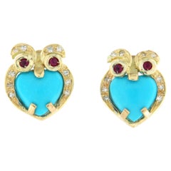 AM Contemporary 14K Yellow Gold Diamond Turquoise Ruby Grain Setting Stud Earring