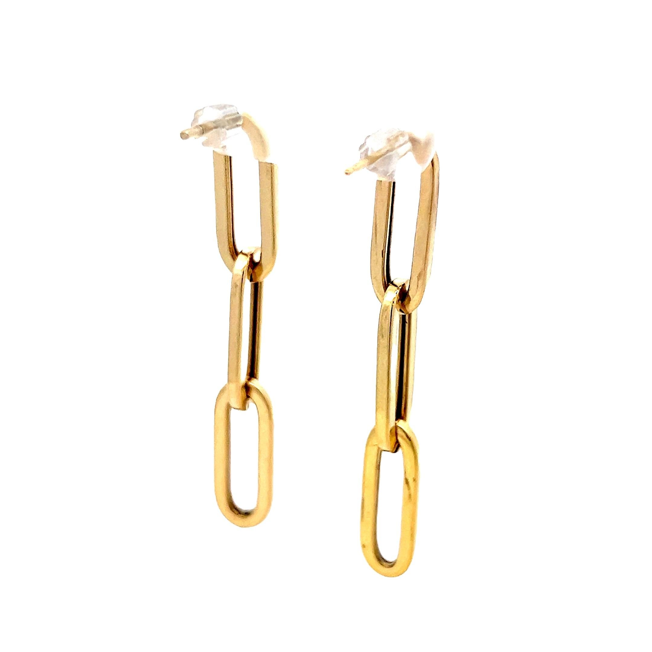 Contemporary 14K Yellow Gold Elongated Paperclip Link Drop Earrings For Sale 1