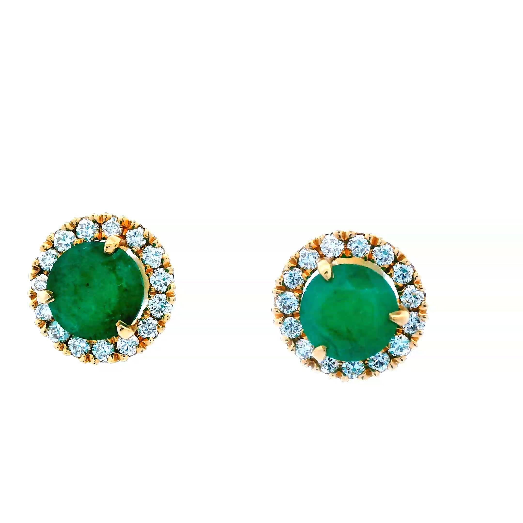 Round Cut Contemporary 14k yellow Gold Emerald and Diamond Halo Earrings  For Sale