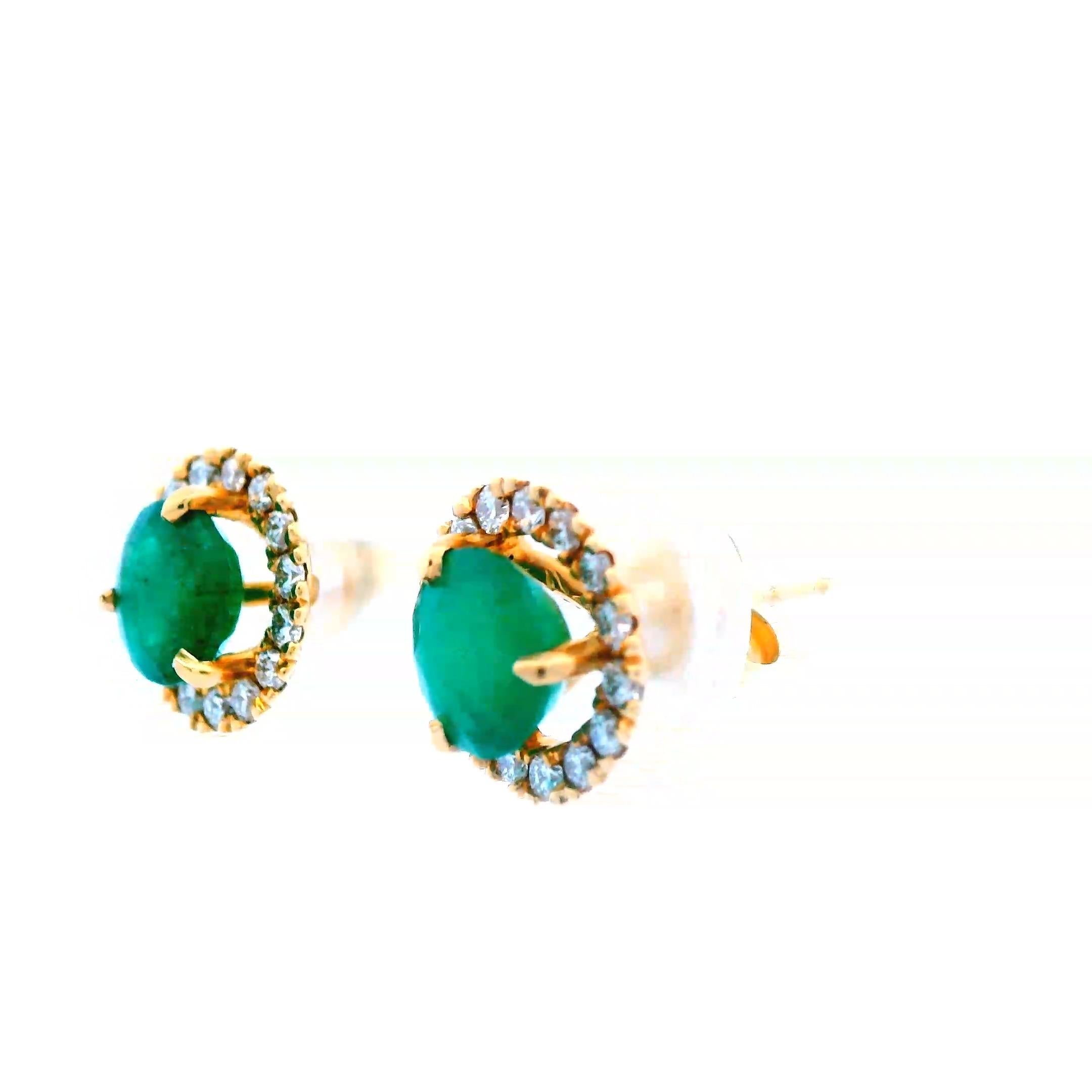 Contemporary 14k yellow Gold Emerald and Diamond Halo Earrings  For Sale 3