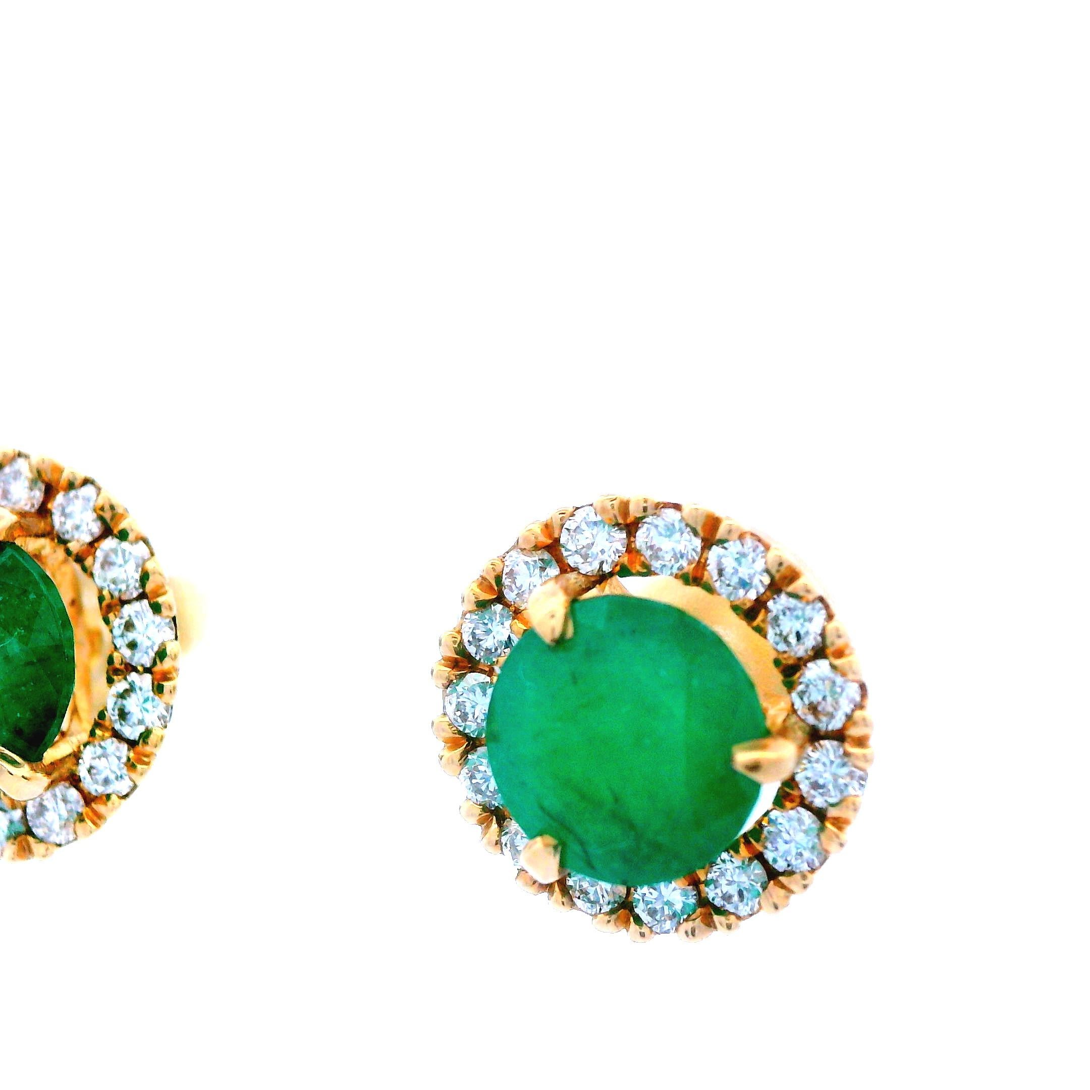 Contemporary 14k yellow Gold Emerald and Diamond Halo Earrings  For Sale 1