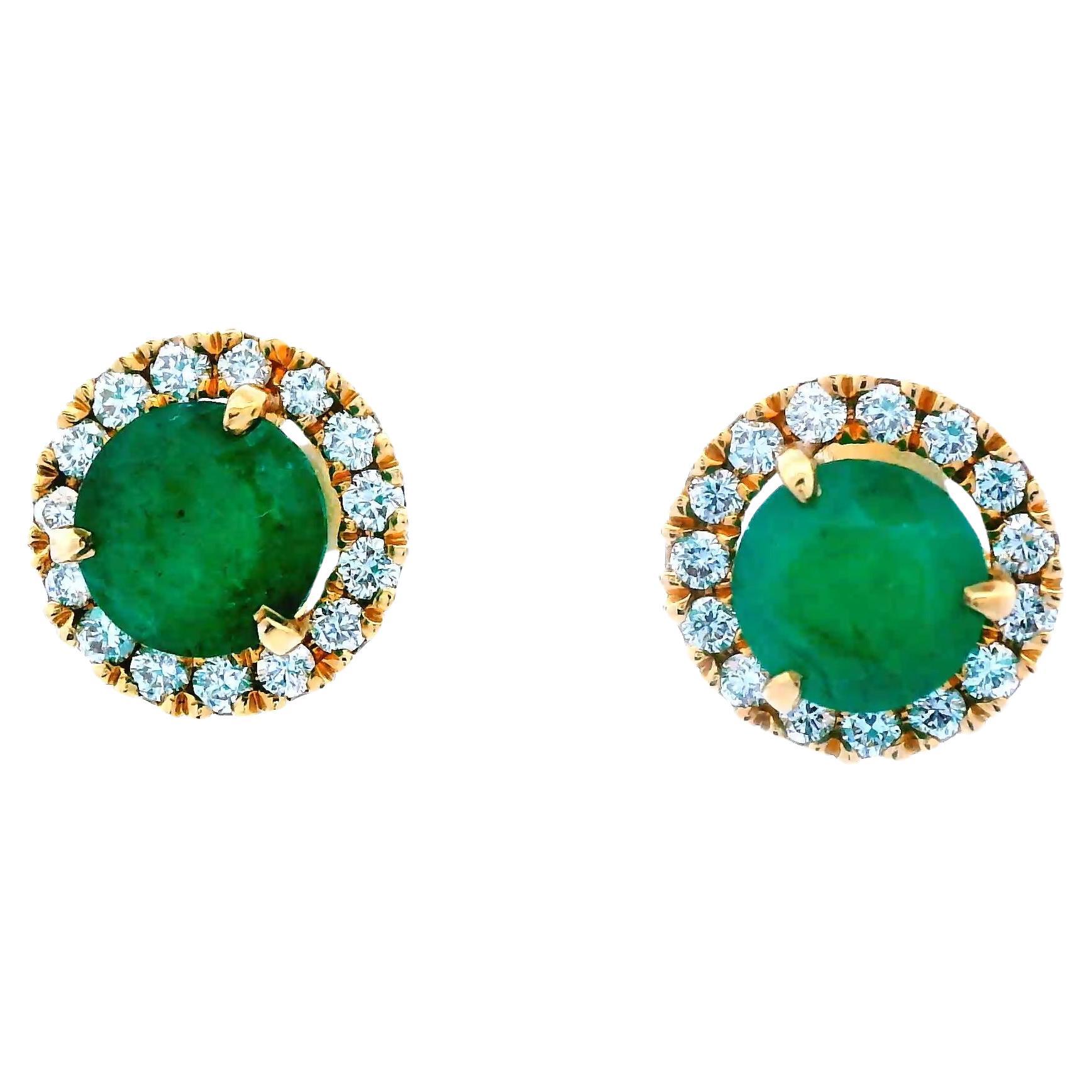 Contemporary 14k yellow Gold Emerald and Diamond Halo Earrings  For Sale