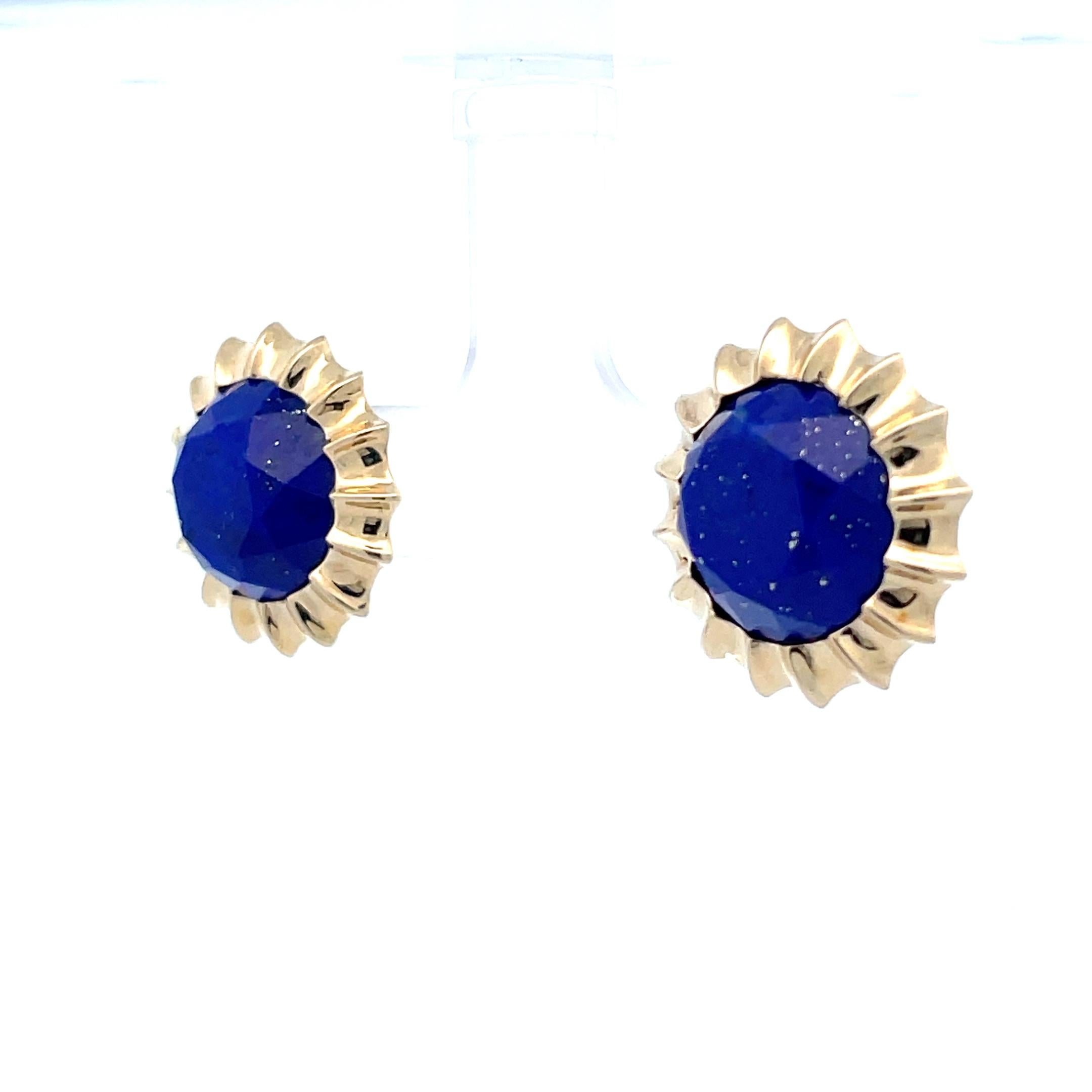 - 14k Yellow Gold 
- 4.30 cttw Lapis 
- 5.62 Grams 

This is a stunningly elegant pair of contemporary button stud earrings, made in 14k yellow gold, featuring kors lapis lazuli. These earrings contain 4.30 cttw of rich lazuli lapis that is encased