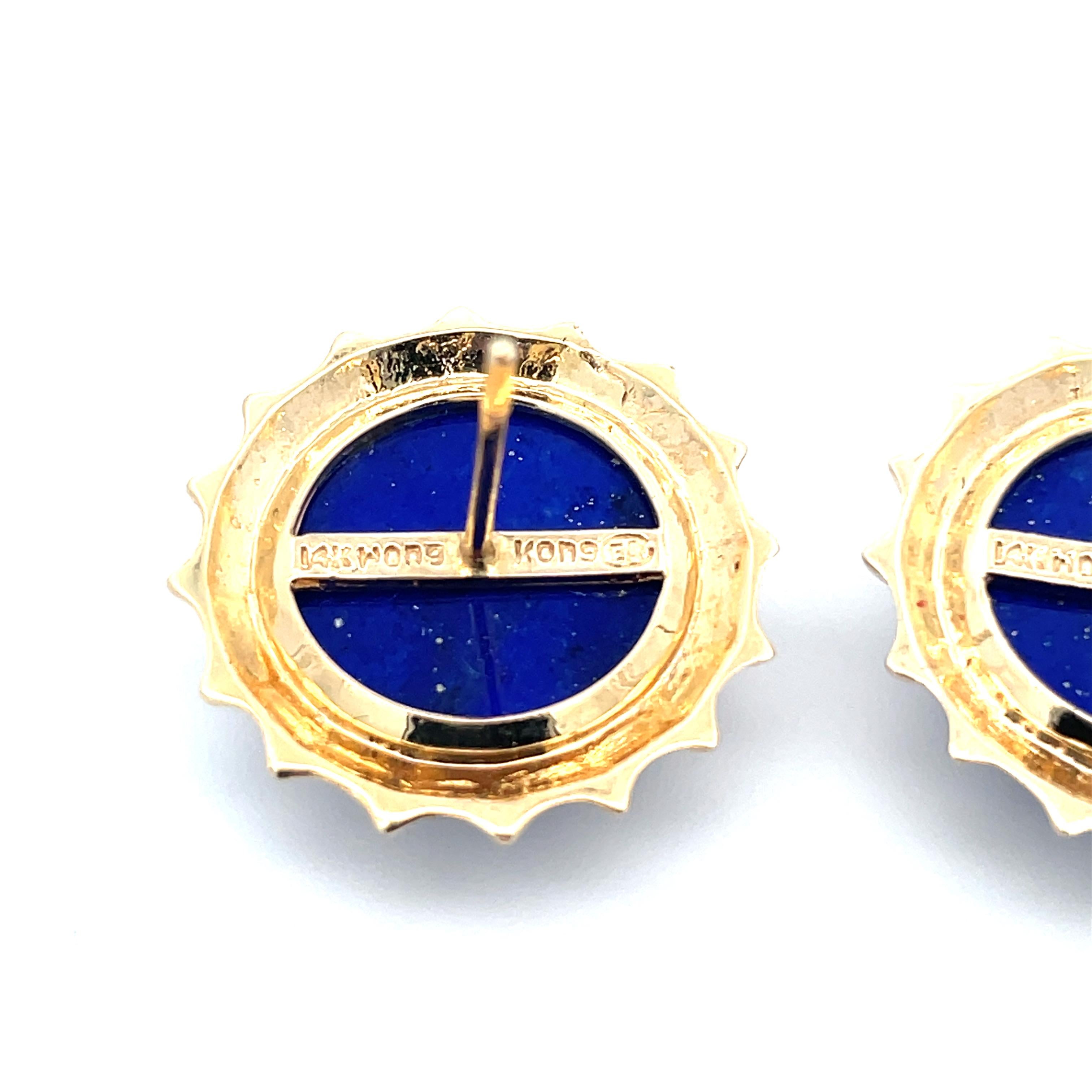 Round Cut Contemporary 14K Yellow Gold Kors Lapis Lazuli Button Stud Earrings 